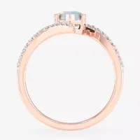 Womens Genuine Opal & 1/6 CT. T.W. Diamond 10K Rose Gold Heart Bypass Cocktail Ring