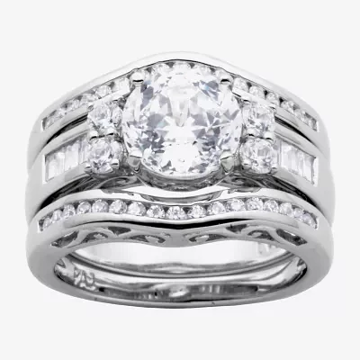 100 Facets by DiamonArt® Cubic Zirconia Sterling Silver 3-Ring Bridal Ring Set