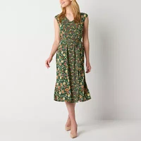 Perceptions Womens Sleeveless Floral Midi Fit + Flare Dress