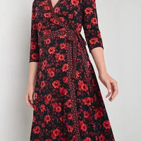 Perceptions 3/4 Sleeve Floral Reversible Midi Wrap Dress