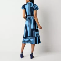 Liz Claiborne Womens Short Sleeve Geometric Midi A-Line Dress