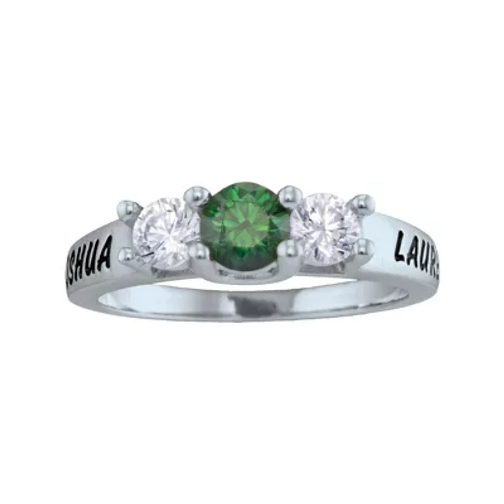 Personalized Simulated Birthstone and Cubic Zirconia 3-Stone Engraved Ring