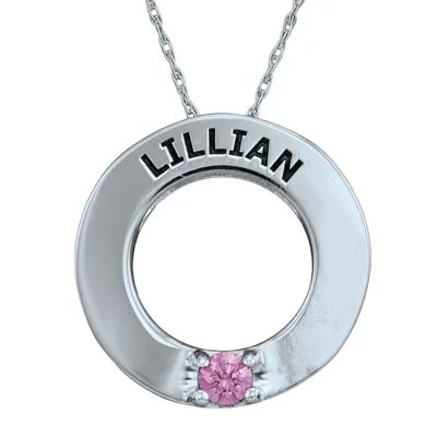 Personalized Simulated Birthstone Engraved Open Circle Pendant Necklace