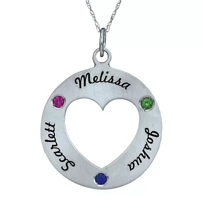 Personalized Simulated Birthstone Engraved Open Heart Pendant Necklace