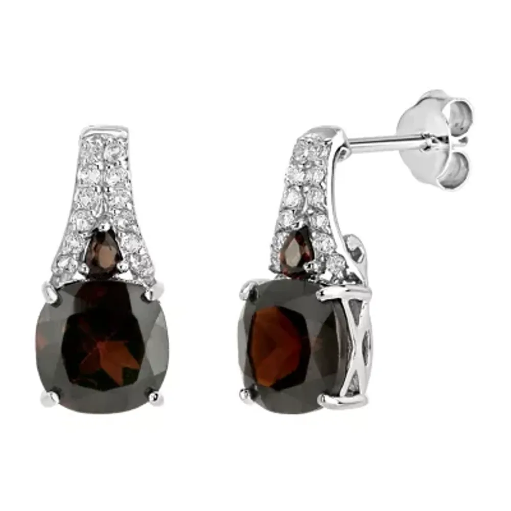 Genuine Red Garnet Sterling Silver Cushion Drop Earrings