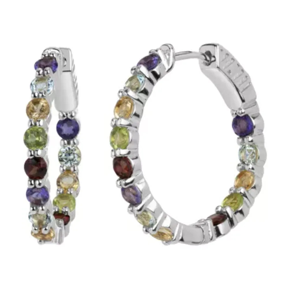 Genuine Multi-Gemstone Sterling Silver 24.6mm Hoop Earrings