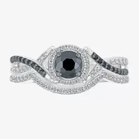 8.50mm Unisex Adult 1 CT. T.W. Natural Black Diamond 10K White Gold Round Halo Side Stone Ring Sets