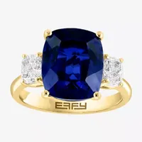 Effy Womens Lab Created Blue Sapphire & 1/5 CT. T.W. Grown Diamond 14K Gold Cushion Cocktail Ring