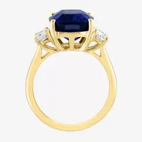 Effy Womens Lab Created Blue Sapphire & 1/5 CT. T.W. Grown Diamond 14K Gold Cushion Cocktail Ring