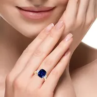 Effy Womens Lab Created Blue Sapphire & 1/5 CT. T.W. Grown Diamond 14K Gold Cushion Cocktail Ring