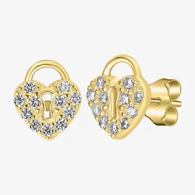 Silver Treasures Delicates Pad Lock Cubic Zirconia 14K Gold Over Brass 8.1mm Heart Stud Earrings