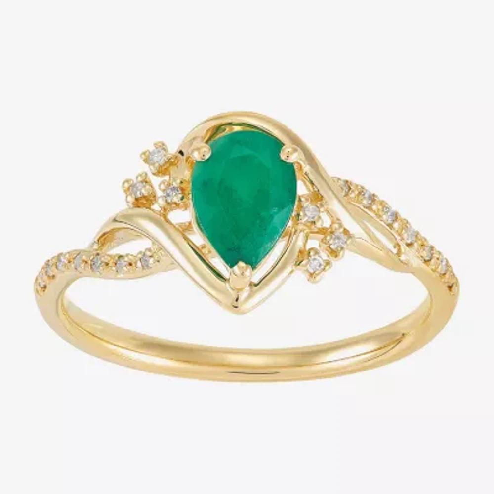 Womens Diamond Accent Genuine Green Emerald 10K Gold Pear Cocktail Ring