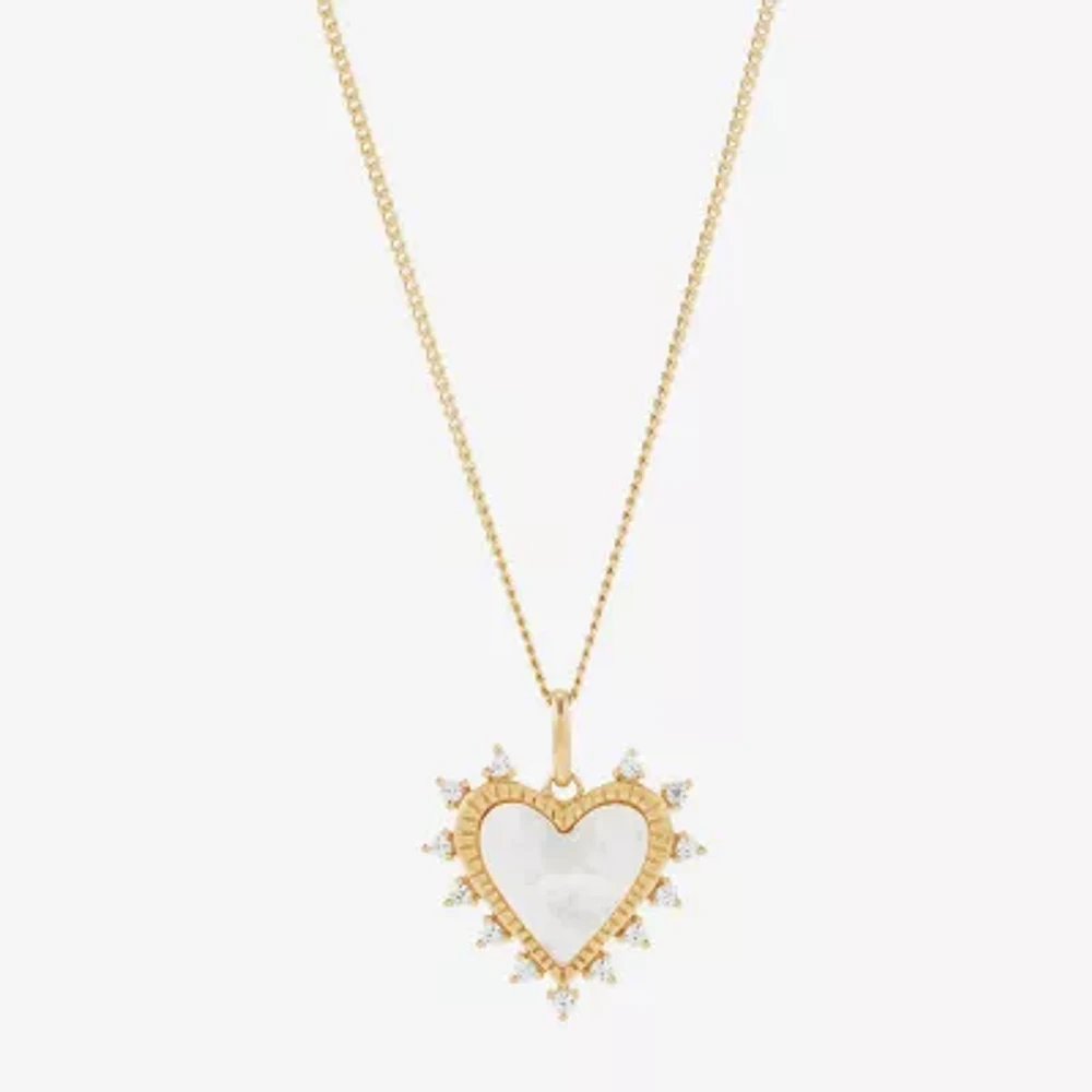 Womens Genuine White Mother Of Pearl 14K Gold Over Silver Heart Pendant Necklace