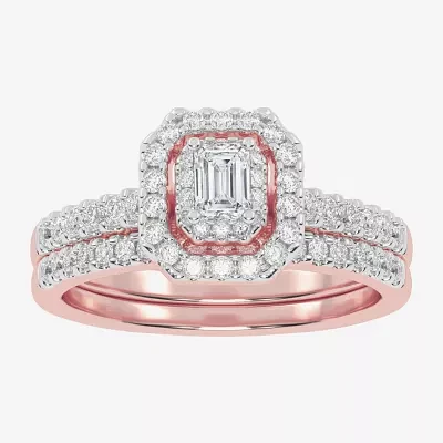 Womens 1/2 CT. T.W. Natural White Diamond 10K Rose Gold Cushion Side Stone Halo Bridal Set