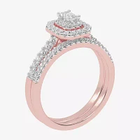 Womens 1/2 CT. T.W. Natural White Diamond 10K Rose Gold Cushion Side Stone Halo Bridal Set