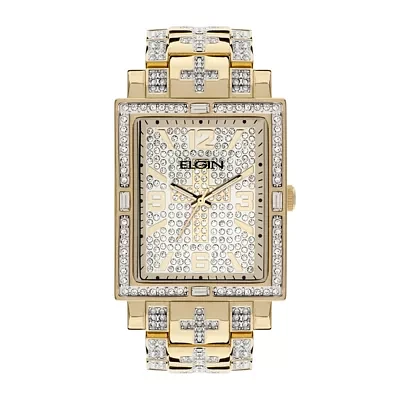 Elgin Mens Crystal-Accent Rectangular Gold-Tone Cross Watch