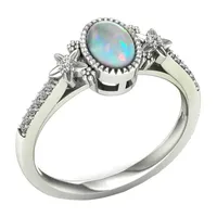Womens Genuine White Opal 10K Gold Halo Cocktail Ring