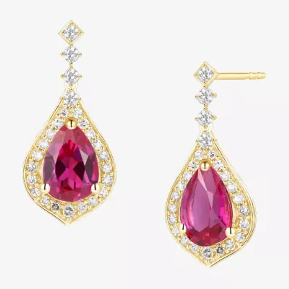 Lab Created Red Ruby 14K Gold Over Silver Drop Earrings