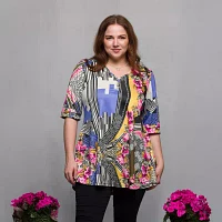 24seven Comfort Apparel Plus Womens V Neck Elbow Sleeve Tunic Top