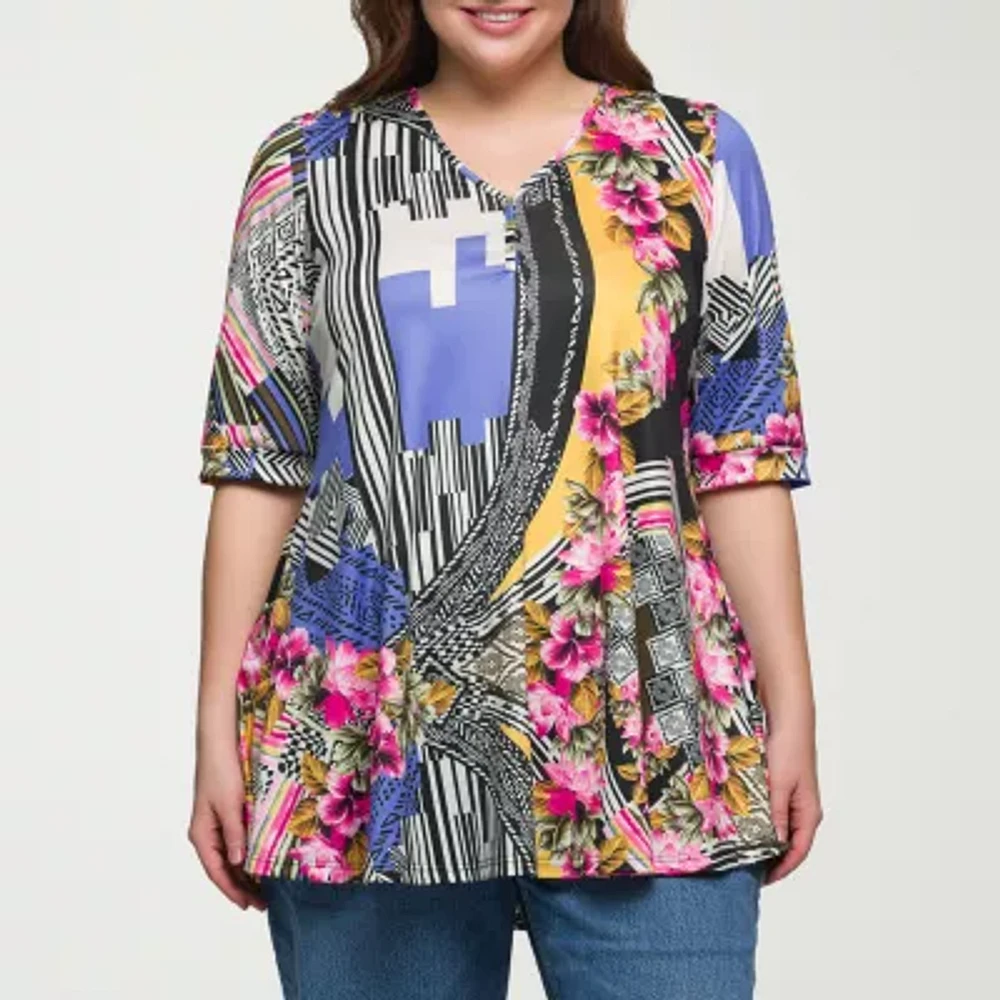 24seven Comfort Apparel Plus Womens V Neck Elbow Sleeve Tunic Top