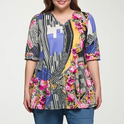 24seven Comfort Apparel Plus Womens V Neck Elbow Sleeve Tunic Top