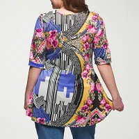 24seven Comfort Apparel Plus Womens V Neck Elbow Sleeve Tunic Top
