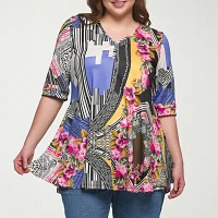 24seven Comfort Apparel Plus Womens V Neck Elbow Sleeve Tunic Top