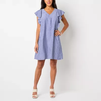 52seven Womens Short Sleeve Striped Shift Dress