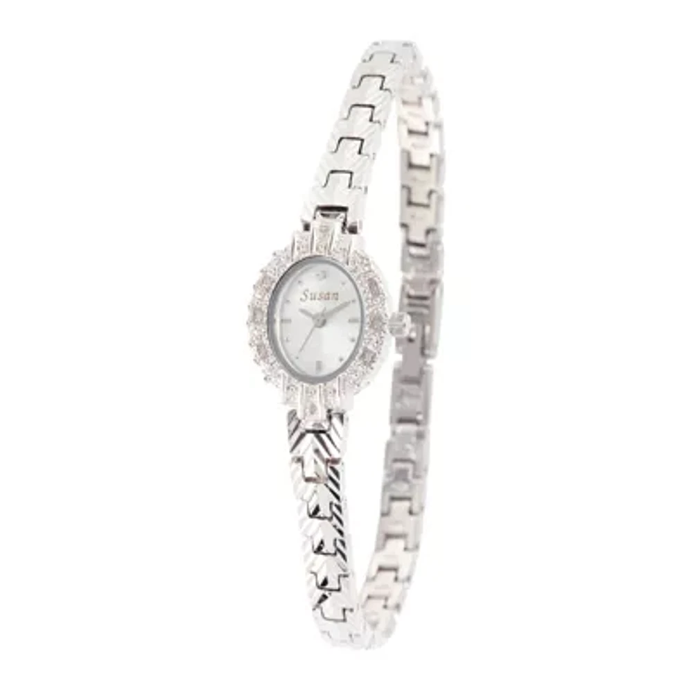 Personalized Dial Womens Diamond-Accent Oval Silver-Tone Bracelet Watch