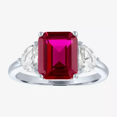 Womens Lab Created Red Ruby Sterling Silver Side Stone Cocktail Ring