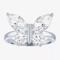 Womens Lab Created White Sapphire Sterling Silver Butterfly Cocktail Ring