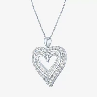 Womens Lab Created White Sapphire Sterling Silver Heart Pendant Necklace