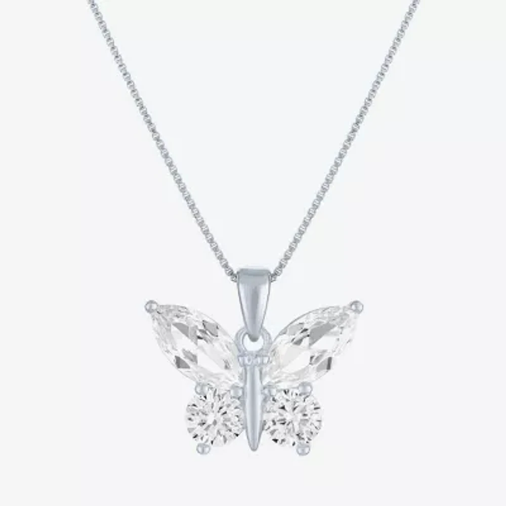 Womens Lab Created White Sapphire Sterling Silver Butterfly Pendant Necklace