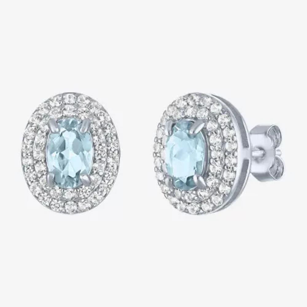 Gemstone & Lab-Created White Sapphire Sterling Silver Oval Double Halo Stud Earrings