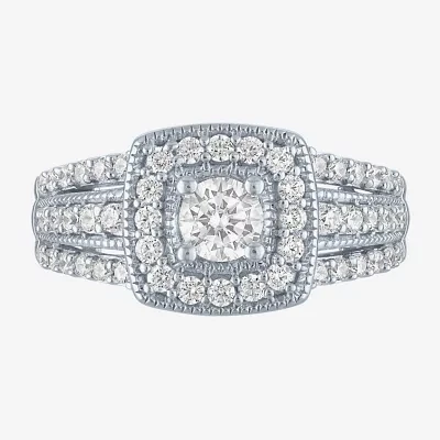 (G-H/ Si2-I1) Womens 1 CT. T.W. Lab Grown White Diamond 10K Gold Cushion Side Stone Cocktail Ring