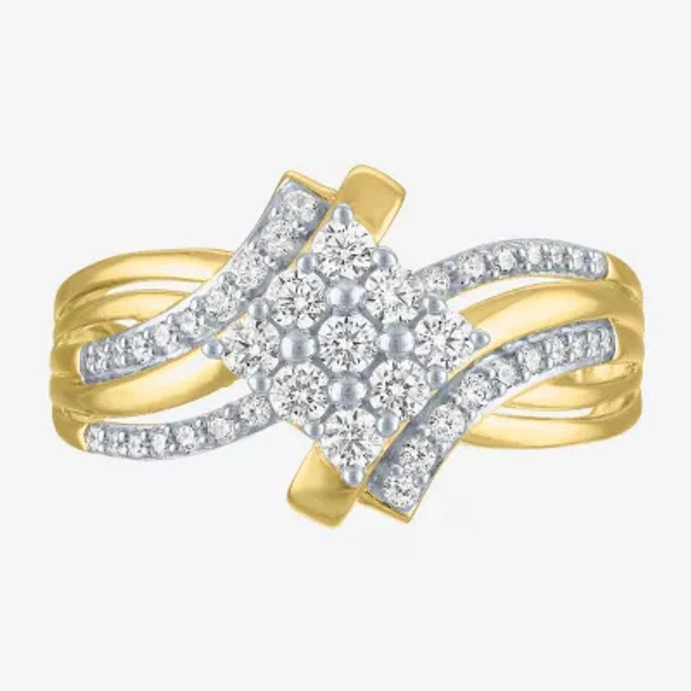 (G-H/ I1-I2) Womens 1/2 CT. T.W. Lab Grown White Diamond 14K Gold Over Silver Side Stone Bypass  Cocktail Ring