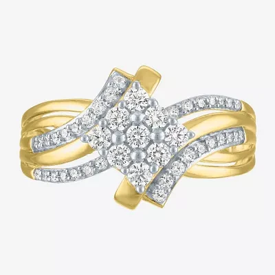 (G-H/ I1-I2) Womens 1/2 CT. T.W. Lab Grown White Diamond 14K Gold Over Silver Side Stone Bypass  Cocktail Ring