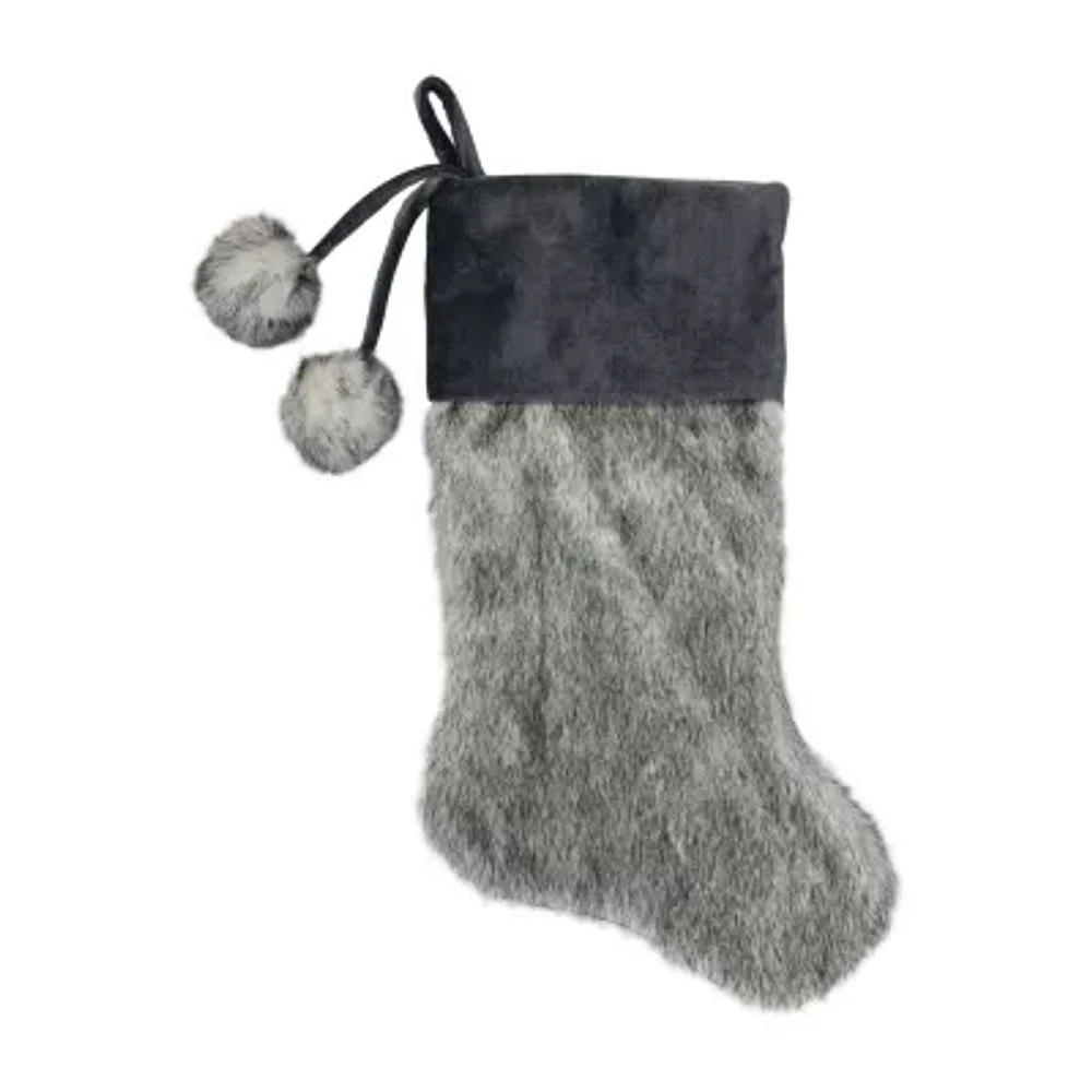 Northlight 20.5-Inch Gray Faux Fur With Corduroy Cuff And Pom Poms Christmas Stocking