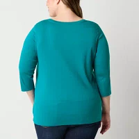St. John's Bay Womens Plus V Neck 3/4 Sleeve Adaptive Easy-on + Easy-off T-Shirt