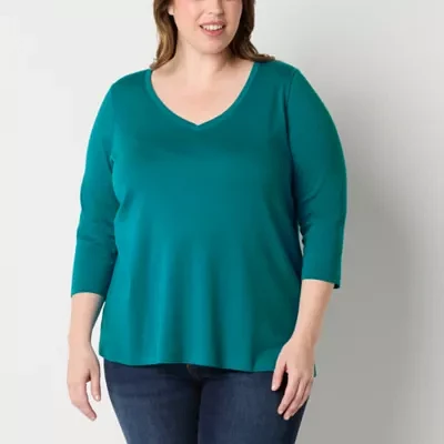 St. John's Bay Womens Plus V Neck 3/4 Sleeve Adaptive Easy-on + Easy-off T-Shirt