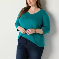St. John's Bay Womens Plus V Neck 3/4 Sleeve Adaptive Easy-on + Easy-off T-Shirt