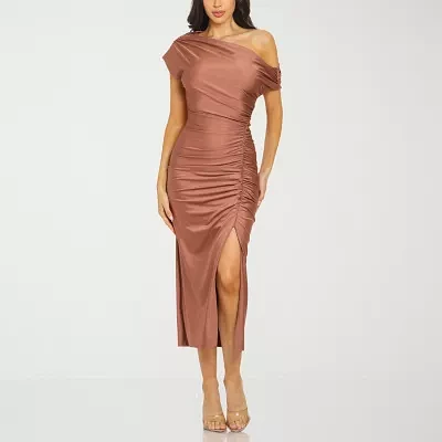 Premier Amour Womens One Shoulder Short Sleeve Midi Sheath Dress
