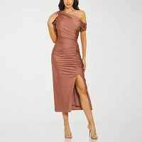 Premier Amour Womens One Shoulder Short Sleeve Midi Sheath Dress