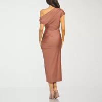 Premier Amour Womens One Shoulder Short Sleeve Midi Sheath Dress