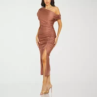 Premier Amour Womens One Shoulder Short Sleeve Midi Sheath Dress