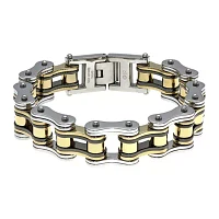 Mens Stainless Steel with Black & Gold-Tone IP Motorcycle Bracelet