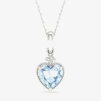 Womens Diamond Accent Genuine Blue Aquamarine 10K White Gold Heart Pendant Necklace