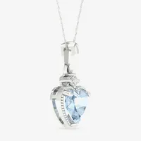 Womens Diamond Accent Genuine Blue Aquamarine 10K White Gold Heart Pendant Necklace