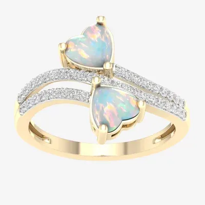 Womens 1/5 CT. Genuine White Opal 10K Gold Heart Crossover Cocktail Ring