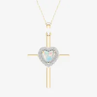 Womens Diamond Accent Genuine White Opal 10K Gold Cross Pendant Necklace